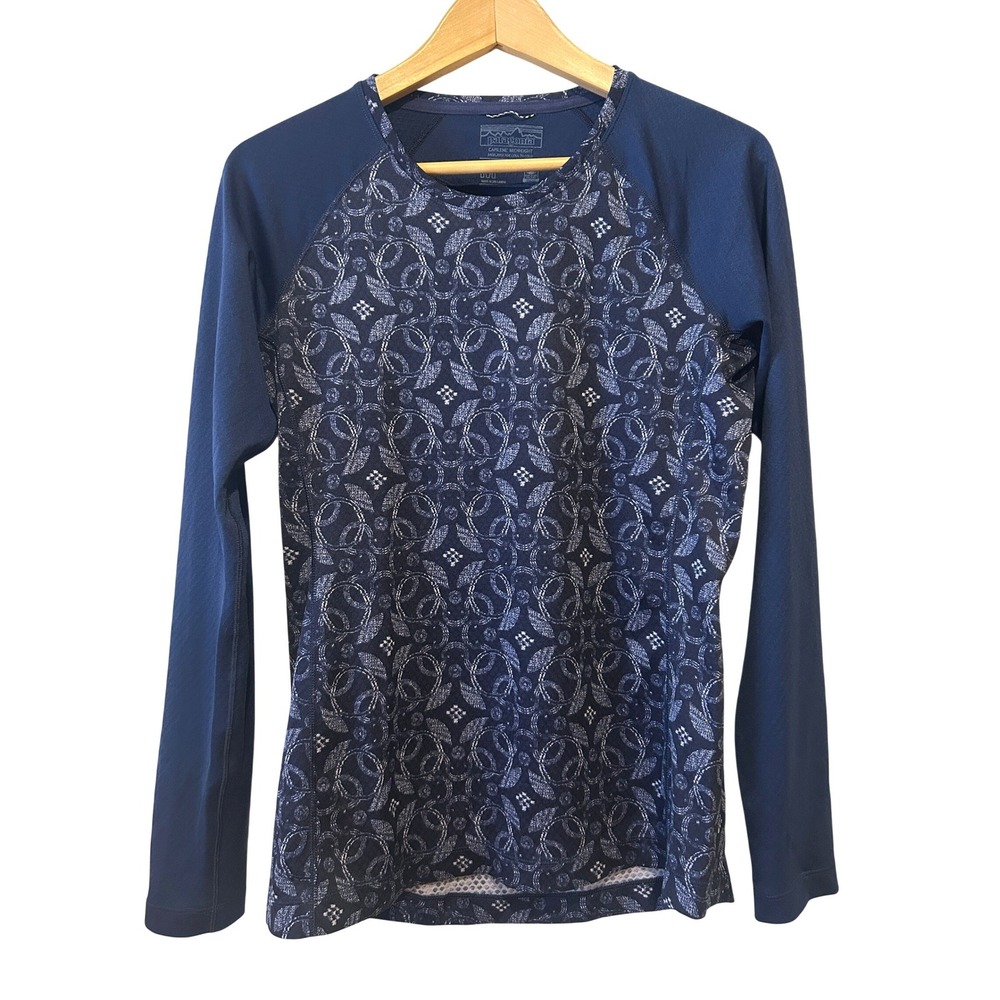 Patagonia Womens Baselayer Top Size M Blue Print Capilene Midweight Long Sleeve